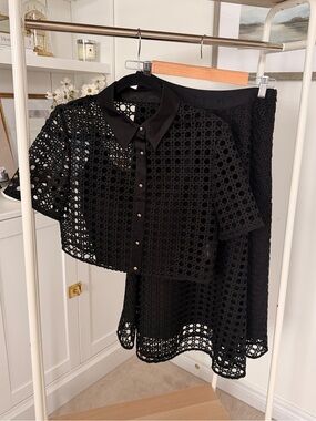 Black Eyelet Crochet Two-Piece Set - Short Sleeve Button Crop & Skirt